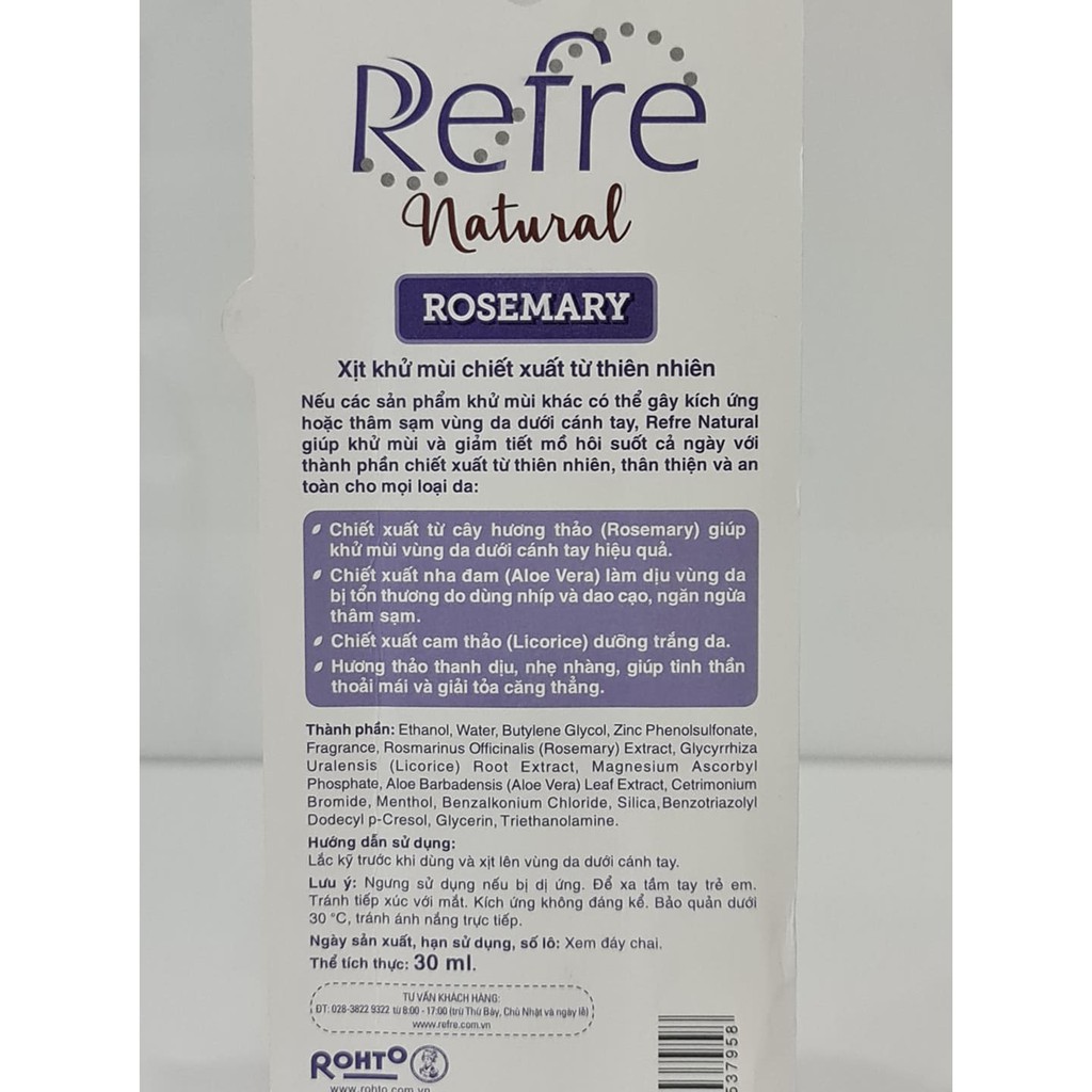 Xịt Thơm Khử Mùi Ngăn Tiết Mồ Hôi Refre Natural 30ml | BigBuy360 - bigbuy360.vn