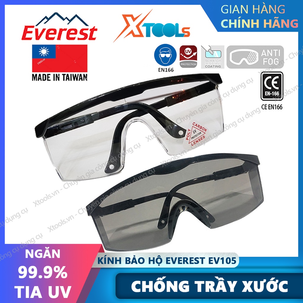 Kính bảo hộ lao động Everest EV105 đen - trắng - Mắt kính chống bụi, đọng hơi nước, chống trầy xước, chống tia UV