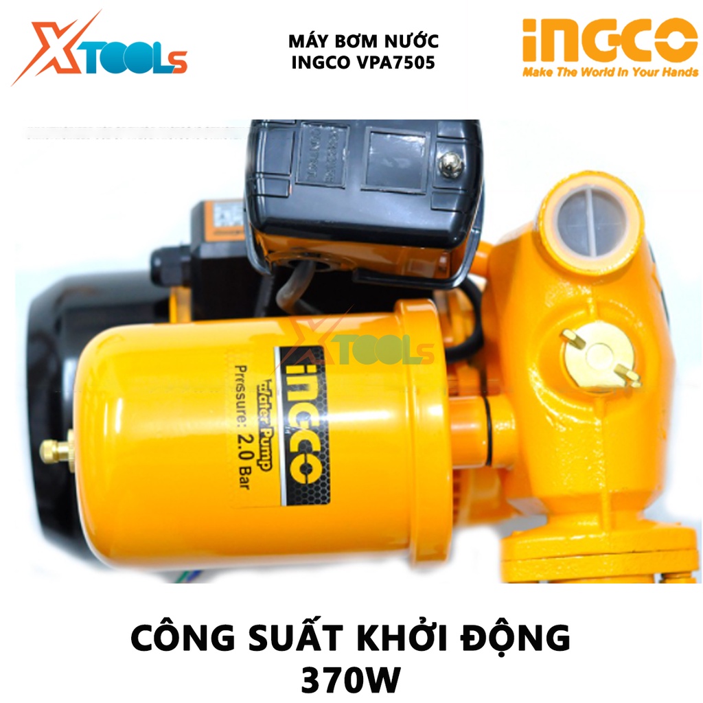 Máy bơm nước INGCO VPA7505 Máy bơm tăng áp Điện thế 220-240V~50Hz Công suất 750W(1.0HP) Chiều cao bơm tối đa 44 m bơm nư