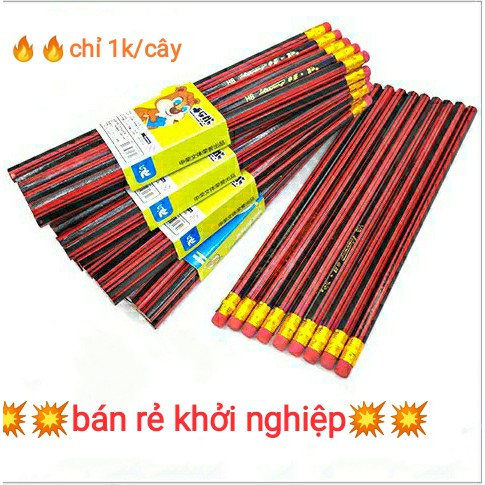 [Giá Rẻ] 10 cây Bút Chì HB Lục Giác Gỗ - Màu Đỏ Đen Kèm Tẩy "Huyền Thoại"