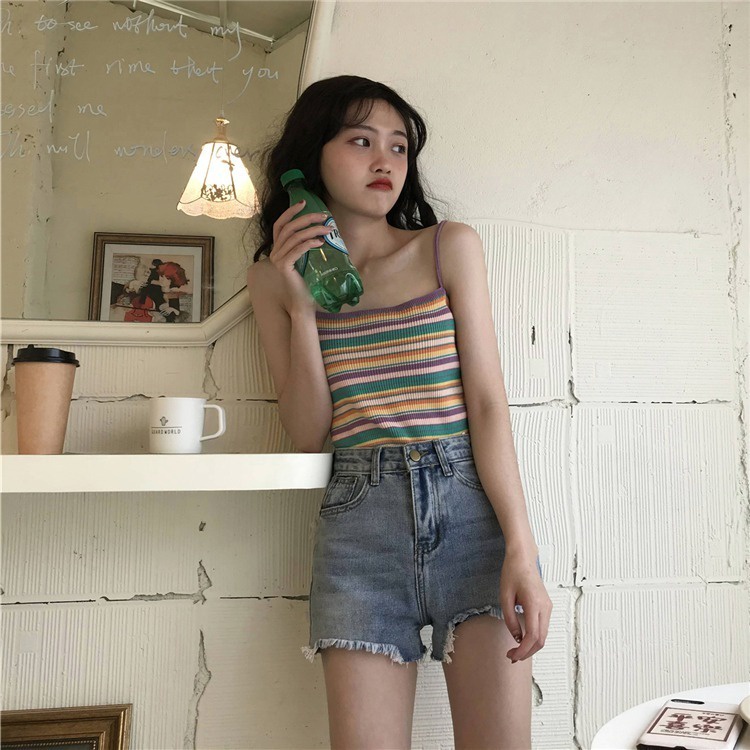 Áo 2 dây ZHELIHANGFEI dệt kim kẻ sọc màu cầu vồng