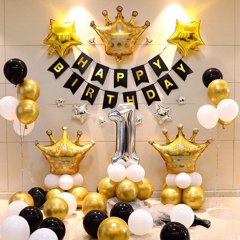Set bóng trang trí sinh nhật, trang trí thôi nôi tone vàng gold sang trọng - TẶNG kèm phụ kiện