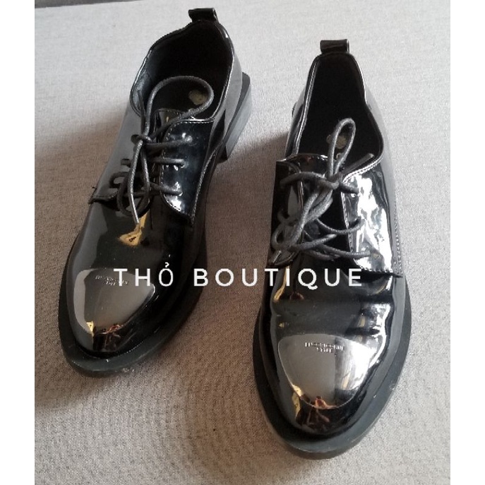 Giày Oxford CITTÀ DEA Encoricorne Style da bóng đen cột dây đế cao 2cm size 37