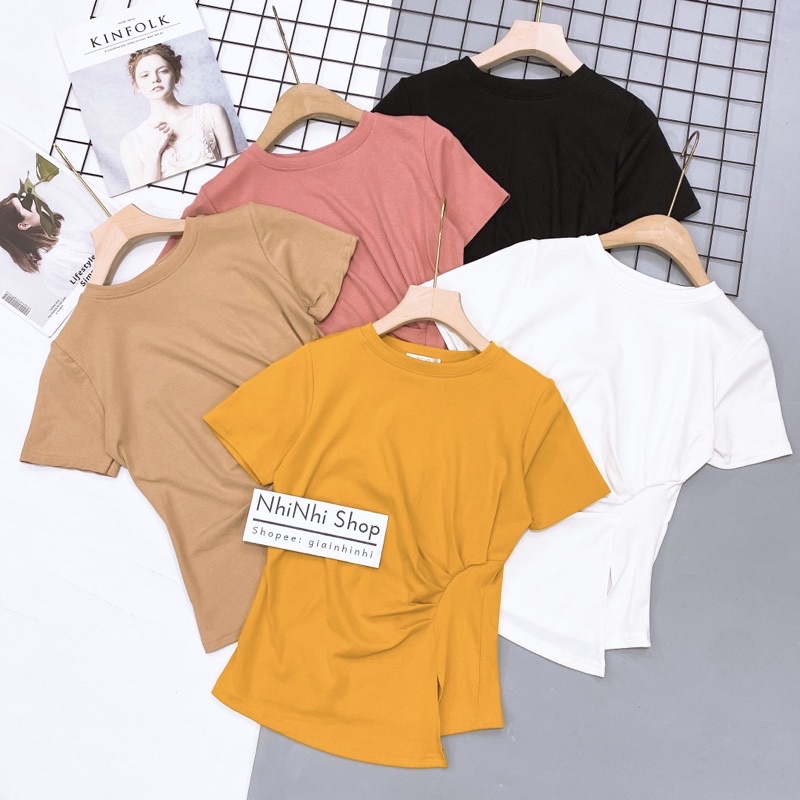 Áo thun kiểu lệch vạt xẻ trước, Áo kiểu dáng ôm ngắn tay co giãn AT5508 - NhiNhi Shop