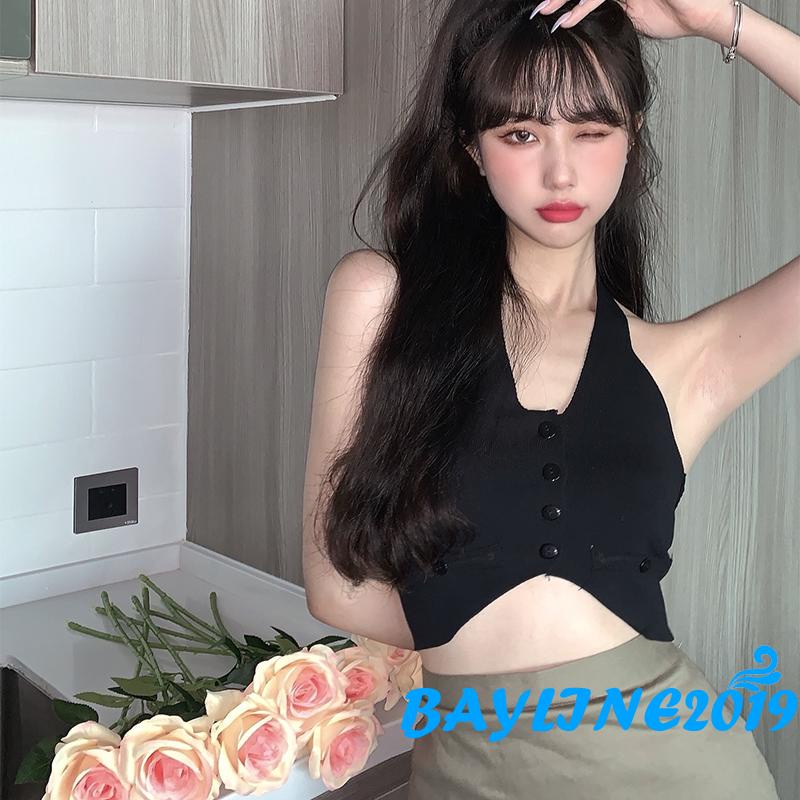 Áo croptop không tay hở lưng gài nút màu trơn thời trang mùa hè 4 màu lựa chọn cho nữ