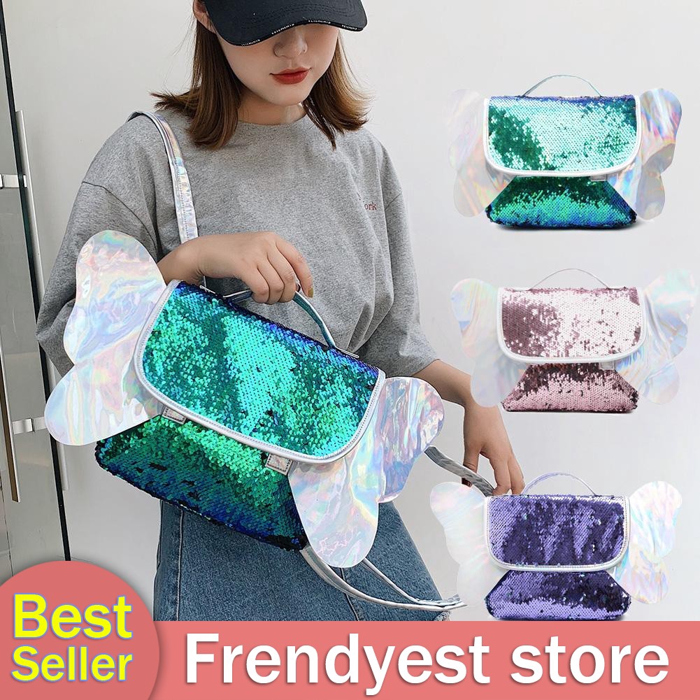 Ba lô da PU dáng vuông đính sequin lấp lánh dễ thương cho bé gái