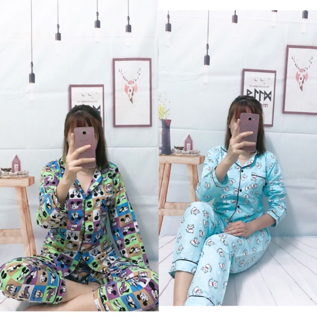 Combo 2 bộ pijama kate dài tay mặc nhà full viền