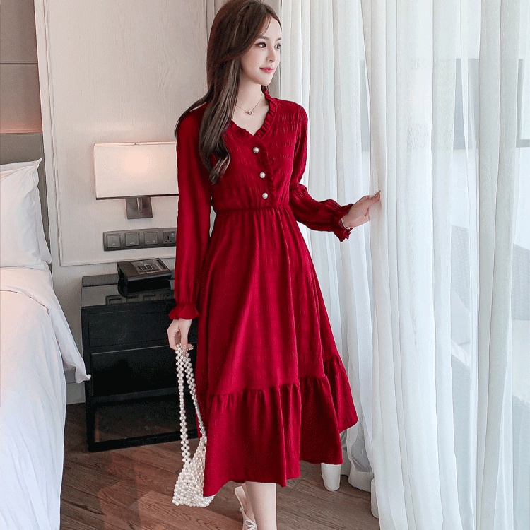 ☞〖Dòng LYQ_1837〗Váy chữ A xếp ly phong cách retro kiểu Pháp ~ váy dài giữa eo mảnh mai giản dị cổ chữ v