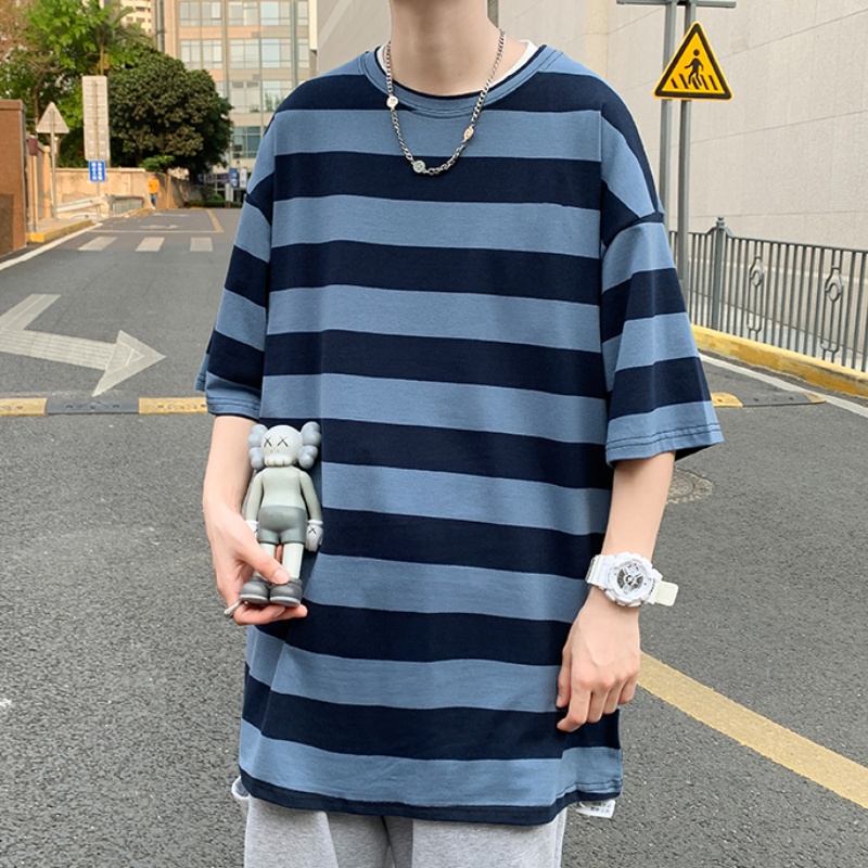 Áo Thun Thể Thao plus size Tay Ngắn Dáng Rộng Kẻ Sọc Phong Cách Hàn Quốc Cho Nam