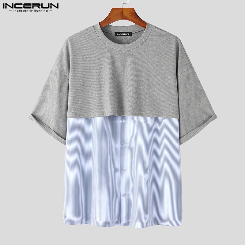 Áo kiểu INCERUN tay ngắn cổ tròn họa tiết kẻ sọc đơn giản thời trang cho nam