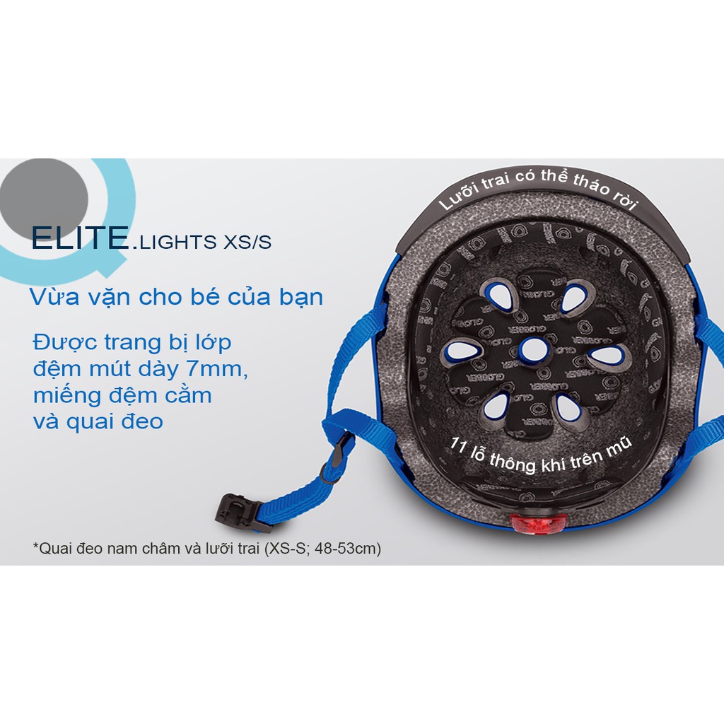 Mũ bảo hộ chơi xe trượt scooter GLOBBER ELITE LIGHTS XS/S cho trẻ em từ 3 đến 6 tuổi - Xanh da trời/Buddy