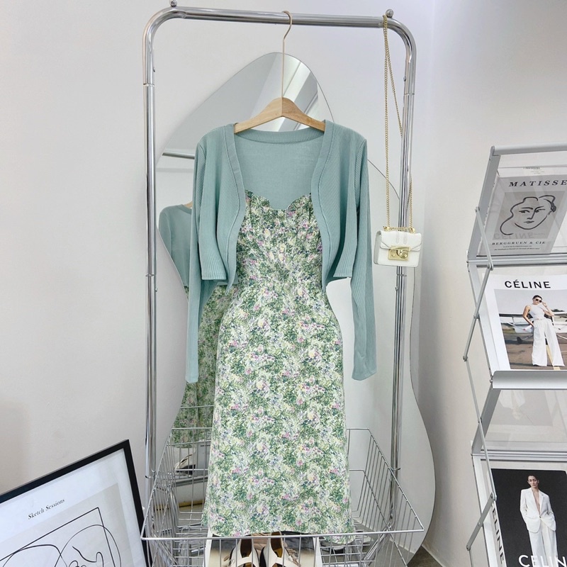 Set đầm hoa 2 dây kèm khoác xanh mint