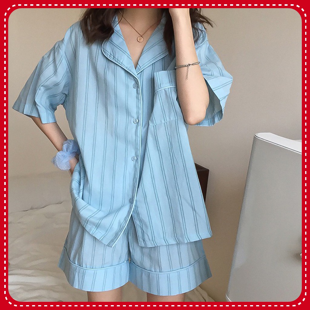 Đồ Ngủ Pijama Ngắn Tay, Bộ Ngủ Họa Tiết Kẻ Sọc Ulzzang Hot Trend