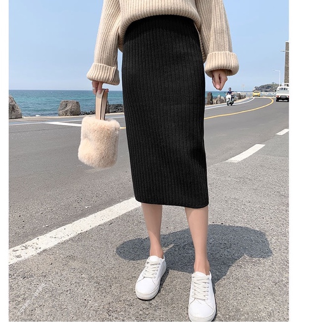 Chân váy len gân dáng dài xẻ vạt/ xẻ tà kiểu bút chì ôm dáng co giãn, chân váy len tăm dày dặn dài qua gối dáng body