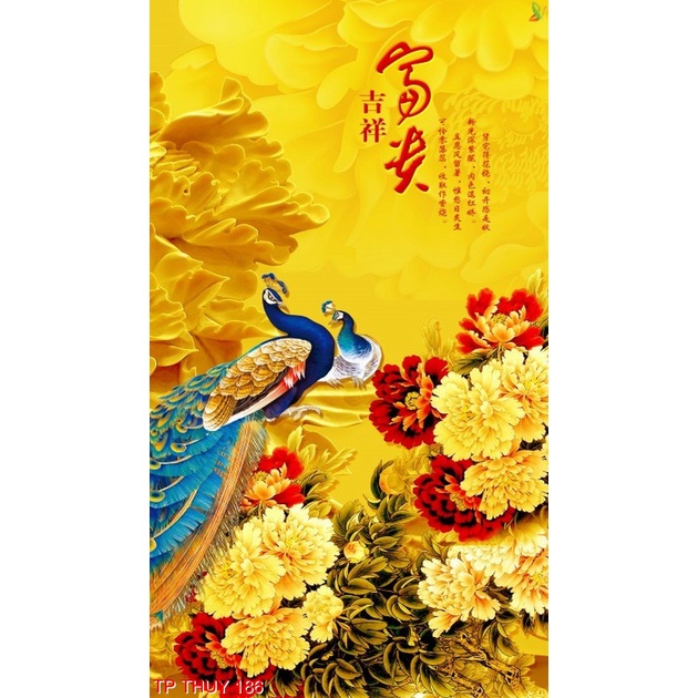 Tranh dán tường 3D phong thủy, thu hút tài lộc, mẫu dọc