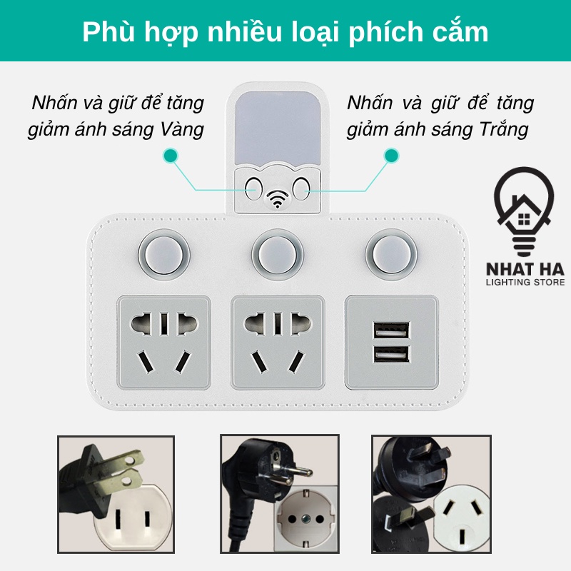 Ổ chia điện thông minh Nhật Hạ kiêm Đèn ngủ điều chỉnh 3 mức sáng Ổ cắm điện không dây phiên bản đặc biệt 2 chấu