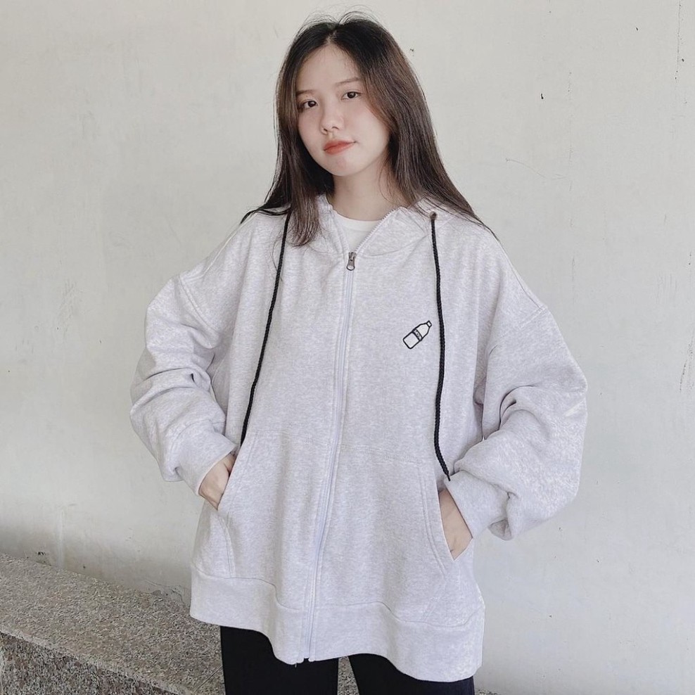 [Áo Khoác Nhẹ Hoodie Nữ Kiểu] Áo Khoác Nỉ Hình Chai Nước Xẻ Tà Basic - Áo Hoodie Milk Dây Kéo Unisex Thêu Bình Sữa Đen T