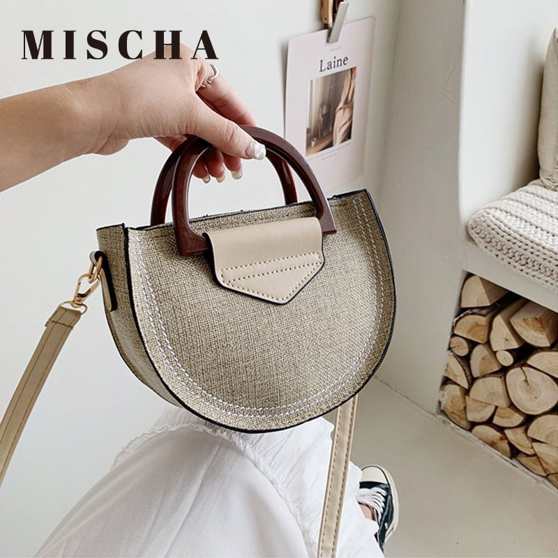 Mischa Túi cói Vải canvas Dệt Hình Vuông Phối Khóa Kéo Thời Trang retro