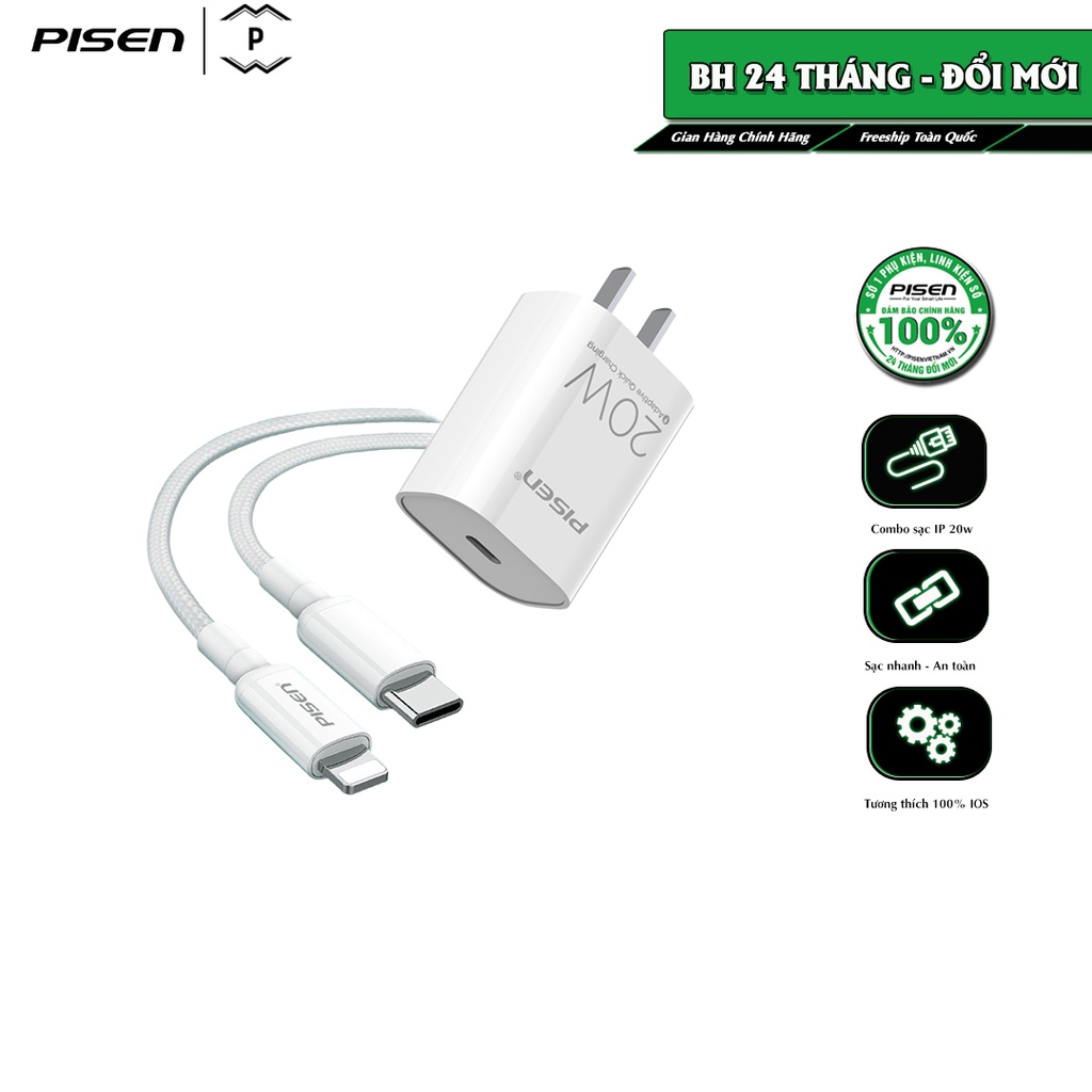 Combo sạc nhanh Pisen công suất sạc 20w, model: TS-C135 kèm cáp Type-C to L, bảo hành 18 tháng - Hàng chính hãng