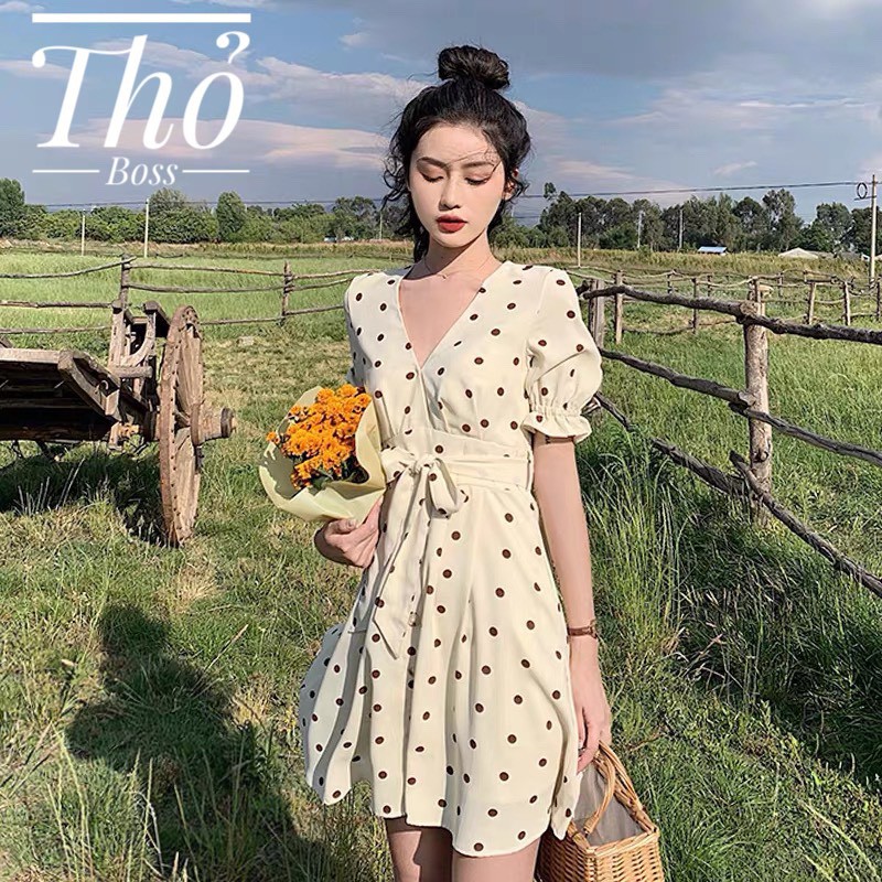 [Thanh Lý] ĐẦM BIGSIZE CHẤM BI CỔ V THẮT NƠ EO