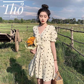 Đầm bigsize chấm bi cổ v thắt nơ eo