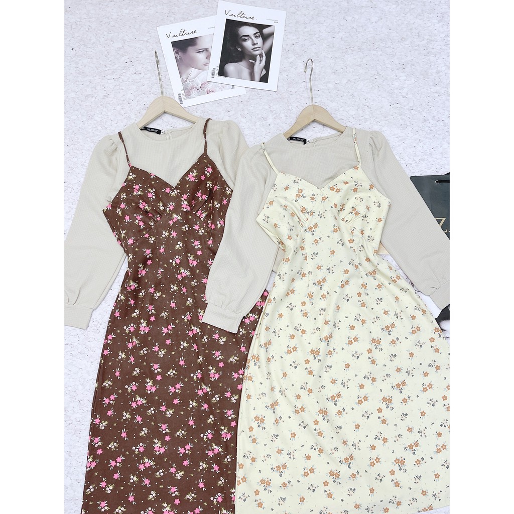 Set váy hoa kèm áo sơ mi tay bồng  chất nhung mềm mịn