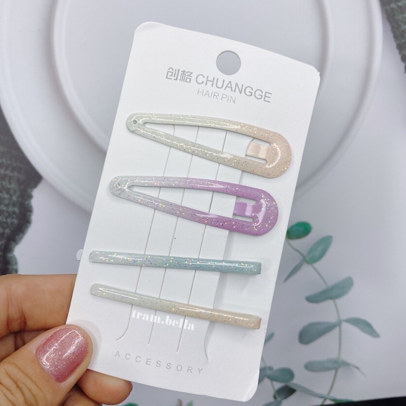 set 4 kẹp tóc màu loang nhũ kẹp tóc kiểu