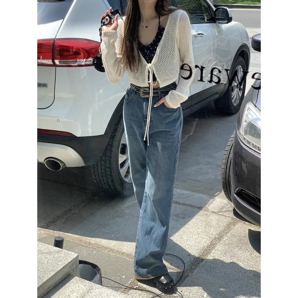 TÁCH SET ÁO CARDIGAN LƯỚI MỎNG CỘT DÂY + QUẦN LOE TUA RUA XANH