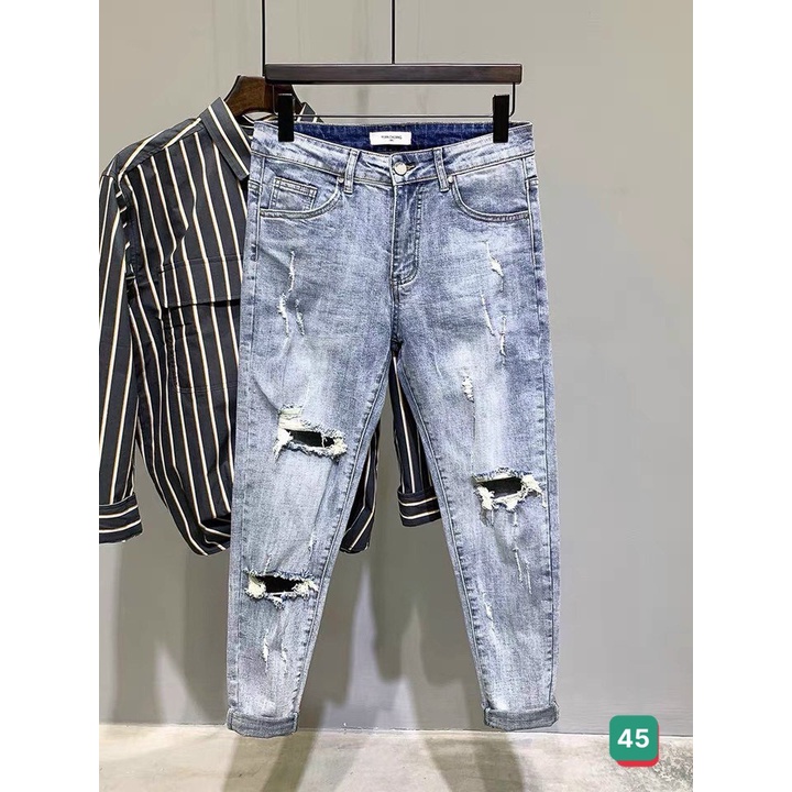 Quần Jeans Nam Chất Bò Rin Cao Cấp Xanh Bạc Rách Gối Co Giãn Ống Côn Dáng Ôm Basic T19