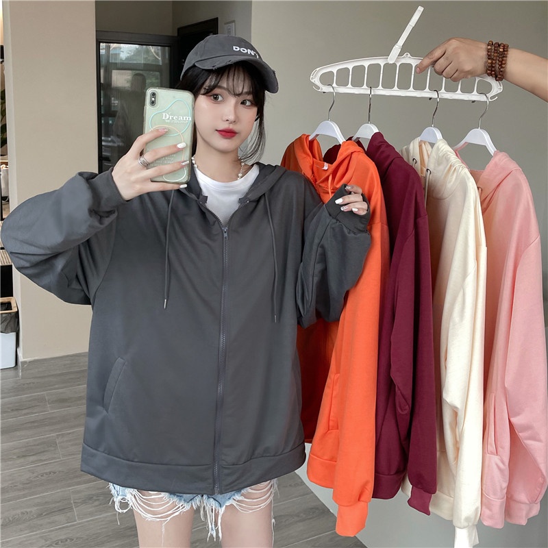 SUXI (MỚI) Áo hoodie nữ dáng rộng màu trơn có khoá kéo
