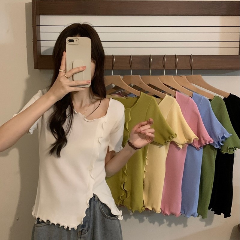 Áo thun ZHELIHANGFEI dệt kim ngắn tay xẻ tà phối bèo dễ thương cho nữ