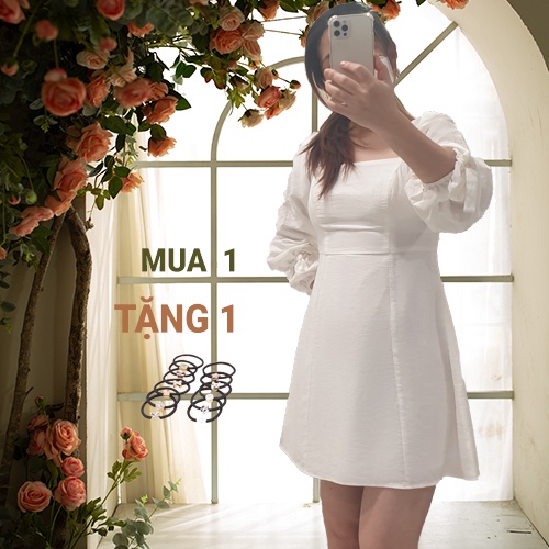 Đầm trắng cổ vuông tay dài váy babydoll trắng dự tiệc tiểu thư công chúa bánh bèo vintage