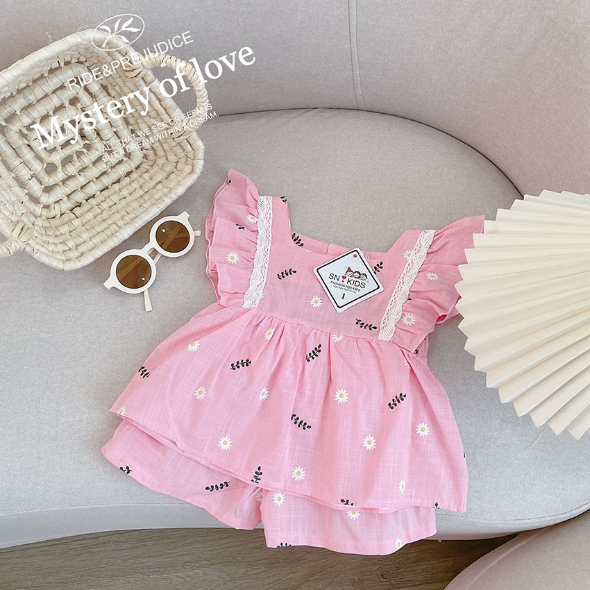 Bộ Quần Áo Trẻ Em 3 Lỗ Cánh Tiên Vải Linen In Hình Hoa Cúc Cho Bé Gái Từ 7-19kg Mã BL32