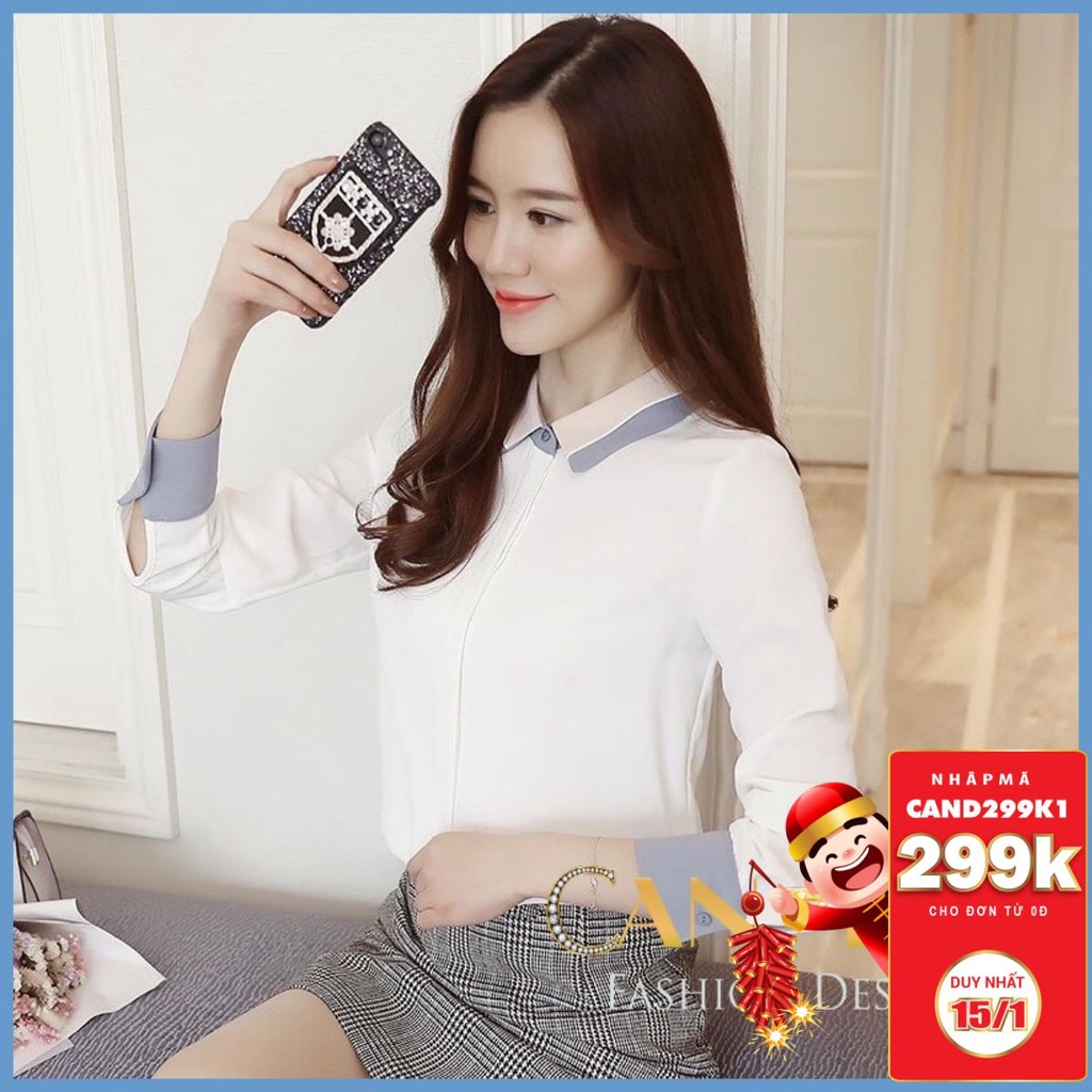 Áo sơ mi nữ kiểu công sở dài tay cổ đức phối màu ghi chất lụa mềm mát SM77 Candy Fashion