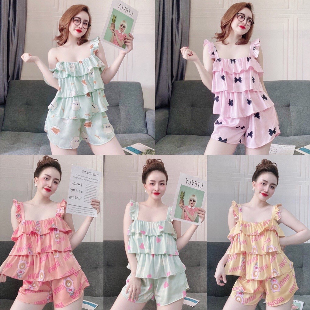 ĐỒ NGỦ MẶC NHÀ - PIJAMA CAO CẤP ÁO 2 DÂY BÈO TẦNG QUẦN NGẮN GỢI CẢM
