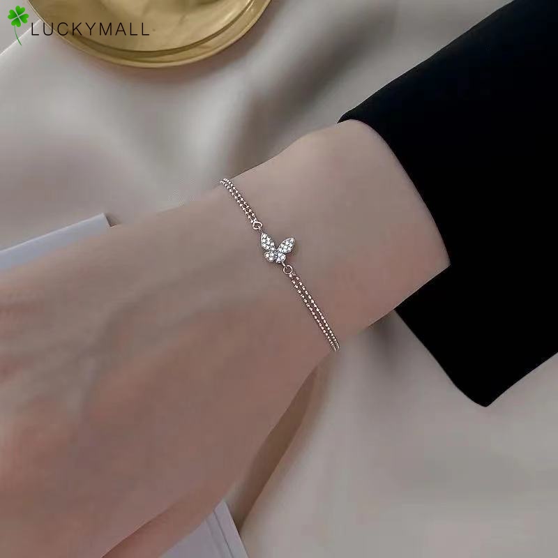 Vòng Đeo Tay Chuỗi Hạt Tròn Hình Bướm Đính Đá Pha Lê Thời Trang Dành Cho Nữ
