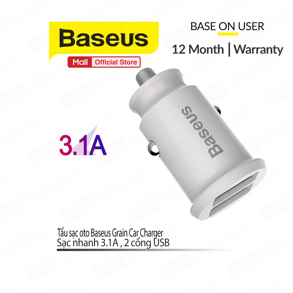 Tẩu sạc oto Baseus Grain Car Charger sạc nhanh 3.1A vi mạch thông minh 2 cổng USB