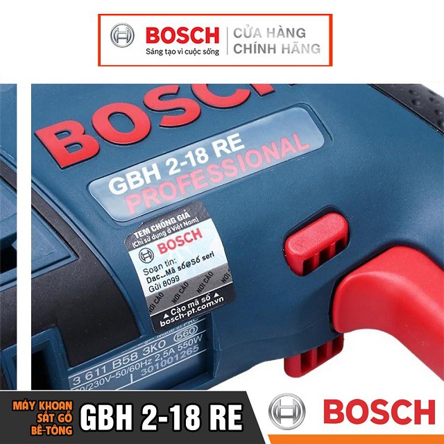 [CHÍNH HÃNG] Máy Khoan Búa Bosch GBH 2-18 RE (18MM-550W) - Chuyên Khoan Bê Tông, Giá Đại Lý Cấp 1, Bảo Hành Toàn Quốc