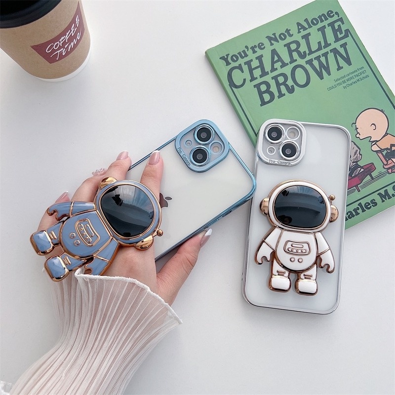 Ốp Điện Thoại Trong Suốt In Hình Phi Hành Gia Có Giá Đỡ Cho iPhone 11 12 13 Pro Max Mini XR X XS 6 7 8 Plus SE 2