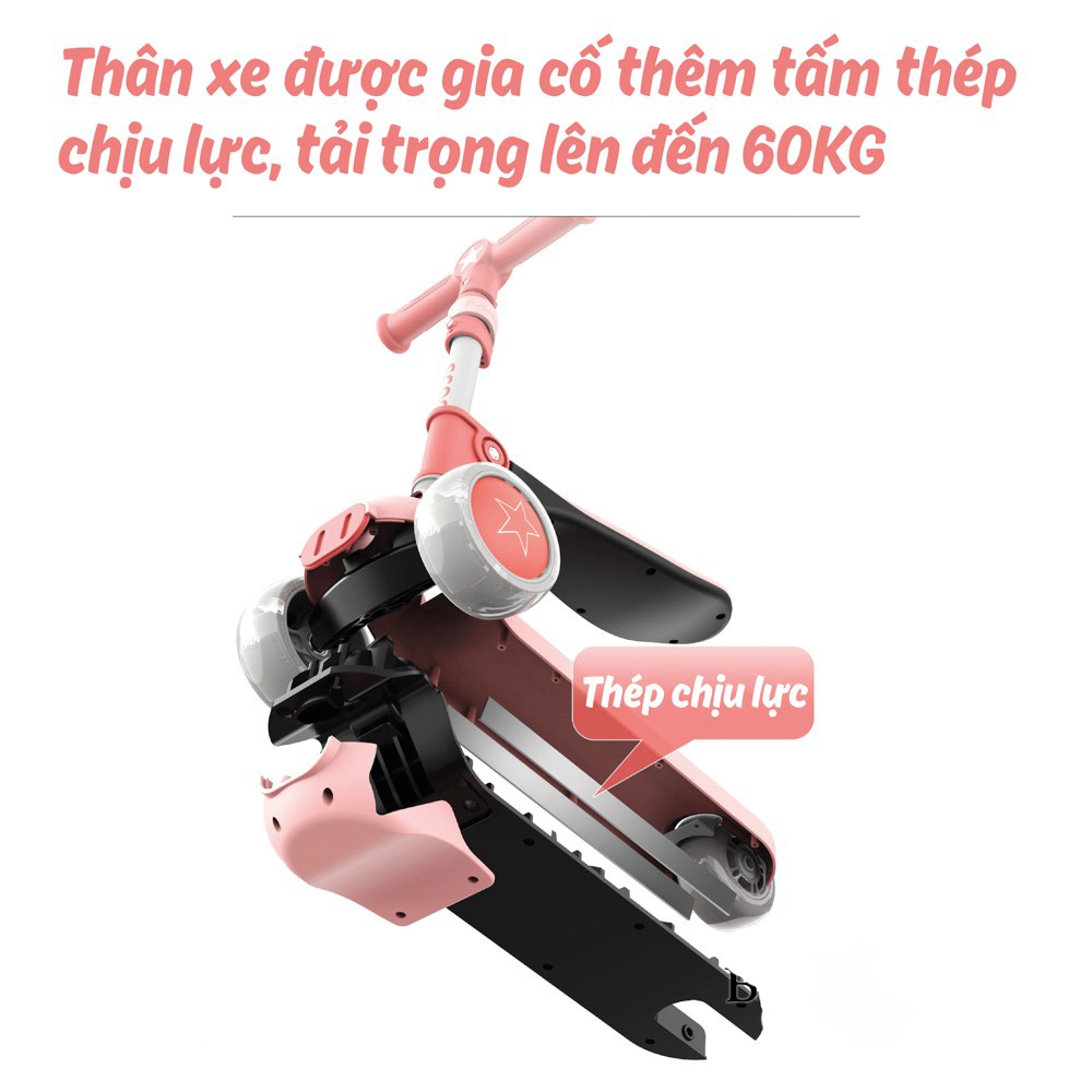 Scooter cho bé từ 1,5 tuổi, chịu lực 60Kg, 3 bánh to phát sáng vĩnh cửu, có ghế gấp gọn - Xe trượt scooter | BH 12 Tháng