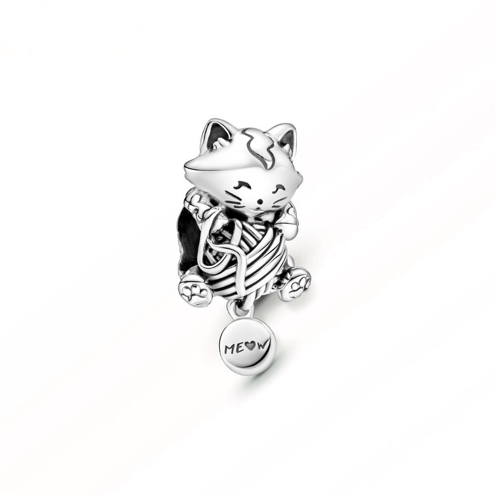 Hạt charm mạ bạc 925 hình mèo con và bóng sợi xinh xắn