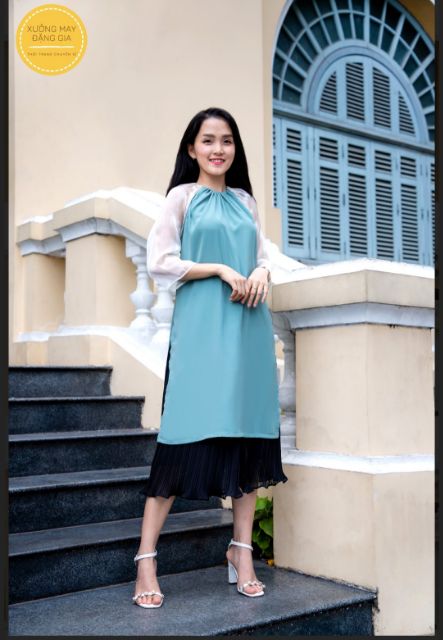 SET ÁO DÀI YẾM XANH VỎ ĐẬU CHÂN VÁY DẬP LY