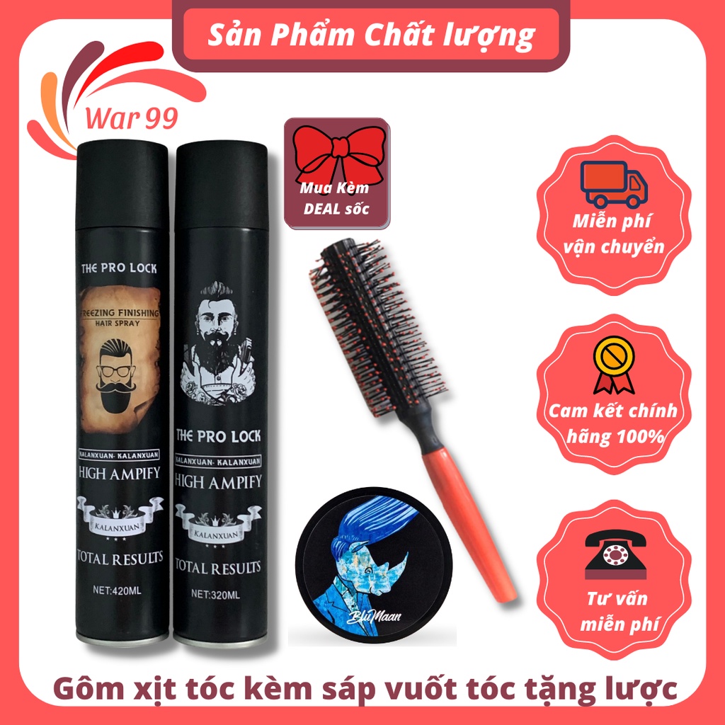 Keo xịt tóc nam giữ nếp siêu cứng giá rẻ the pro lock 420ml kèm sáp vuốt tóc blumaan tê giác tặng lược tròn