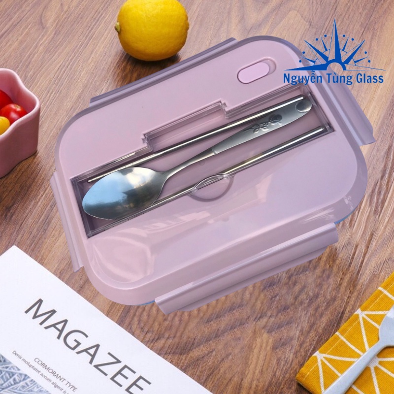 Hộp Cơm thủy tinh 3 Ngăn Kèm Đũa Thìa Inox - Giao Màu Ngẫu Nhiên