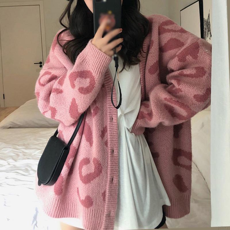 Áo Khoác Cardigan Dệt Kim Tay Dài Cổ Chữ V Hoạ Tiết Da Báo Phong Cách Hàn Quốc