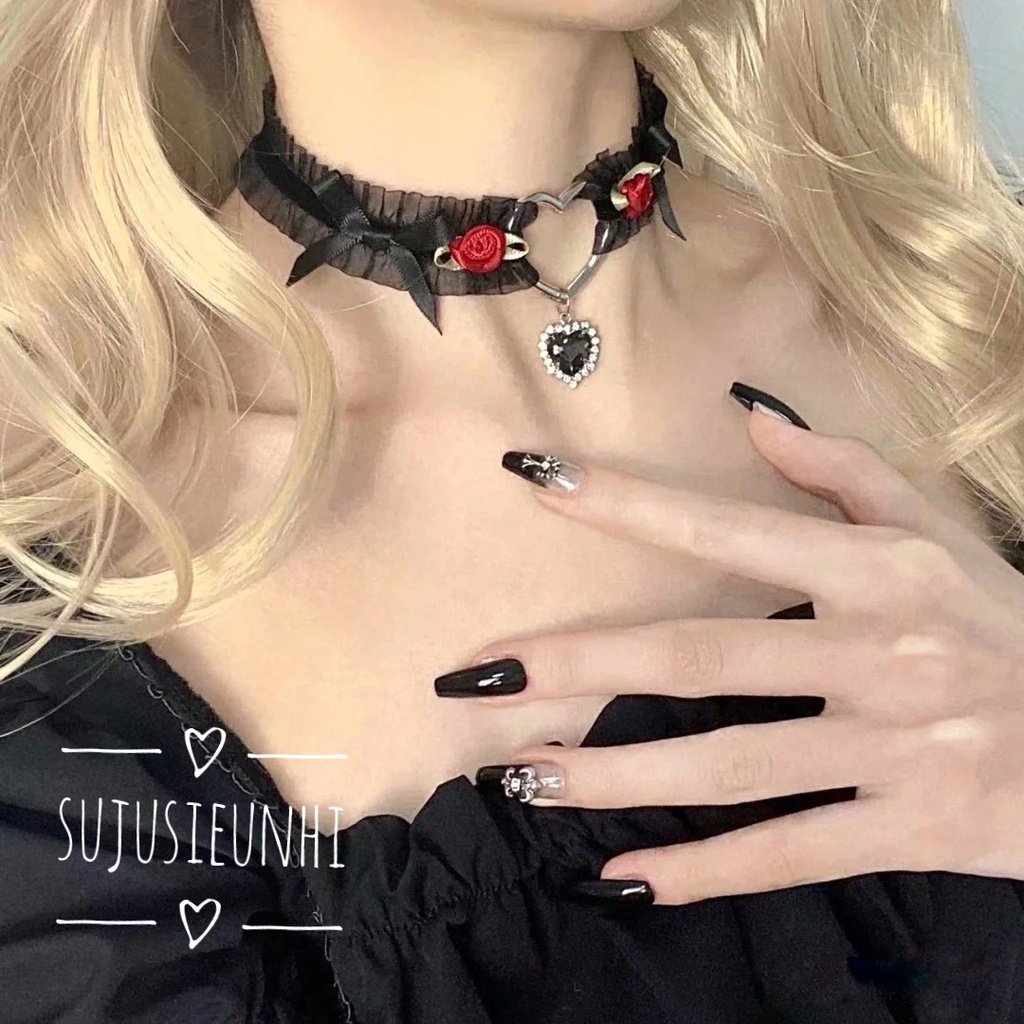 (đen,trắng,hồng)Vòng cổ choker ren hoa hồng gắn mặt trái tim đính đá lolita