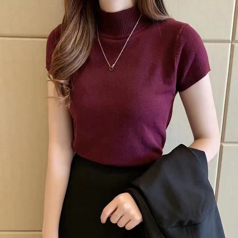 Áo sweater dệt kim cổ cao tay lửng màu trơn phù hợp cho mọi bạn nữ | WebRaoVat - webraovat.net.vn