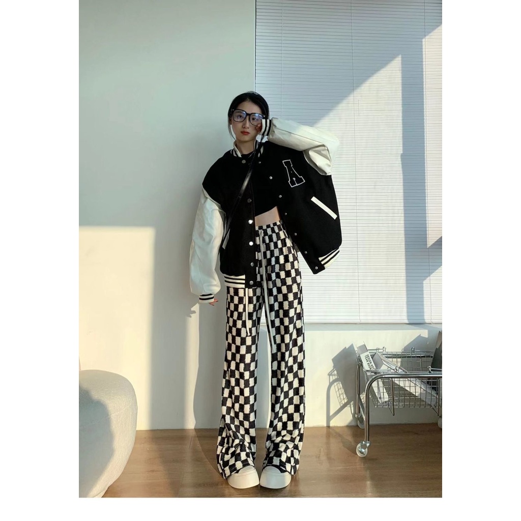 Quần Dài Lưng Cao Ống Rộng Họa Tiết Sọc Caro Cá Tính Cho Nữ