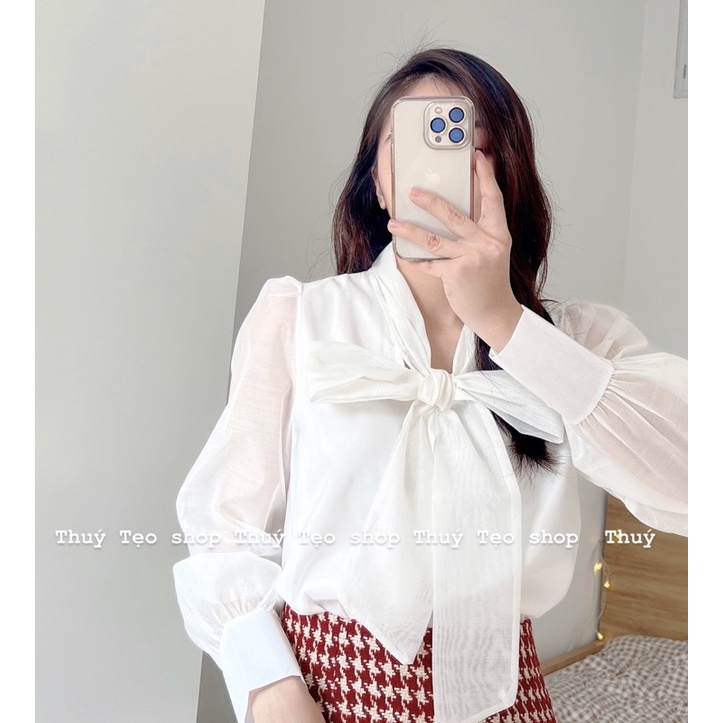 [Hàng sẵn] ÁO SƠ MI THẮT NƠ TAY BO CÚC NGỌC CHẤT TƠ XƯỚC