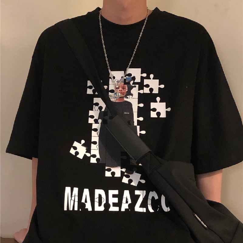 Áo Thun Nam Tay Ngắn Dáng Rộng Có In Hình Hoạt Hình Phong Cách Hàn Quốc